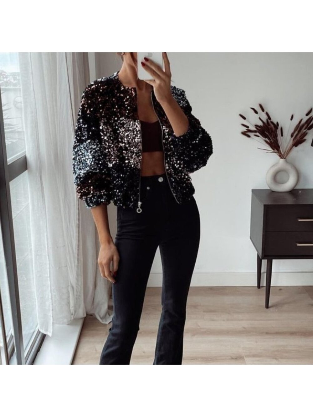 Zara Sequin Festive Days Cropped Bomber Jacket sz M